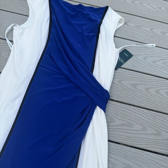 NWT LAUREN Ralph Lauren Blue White Colorblock Ruched Jersey Sheath Dress 16 - Picture 5 of 5